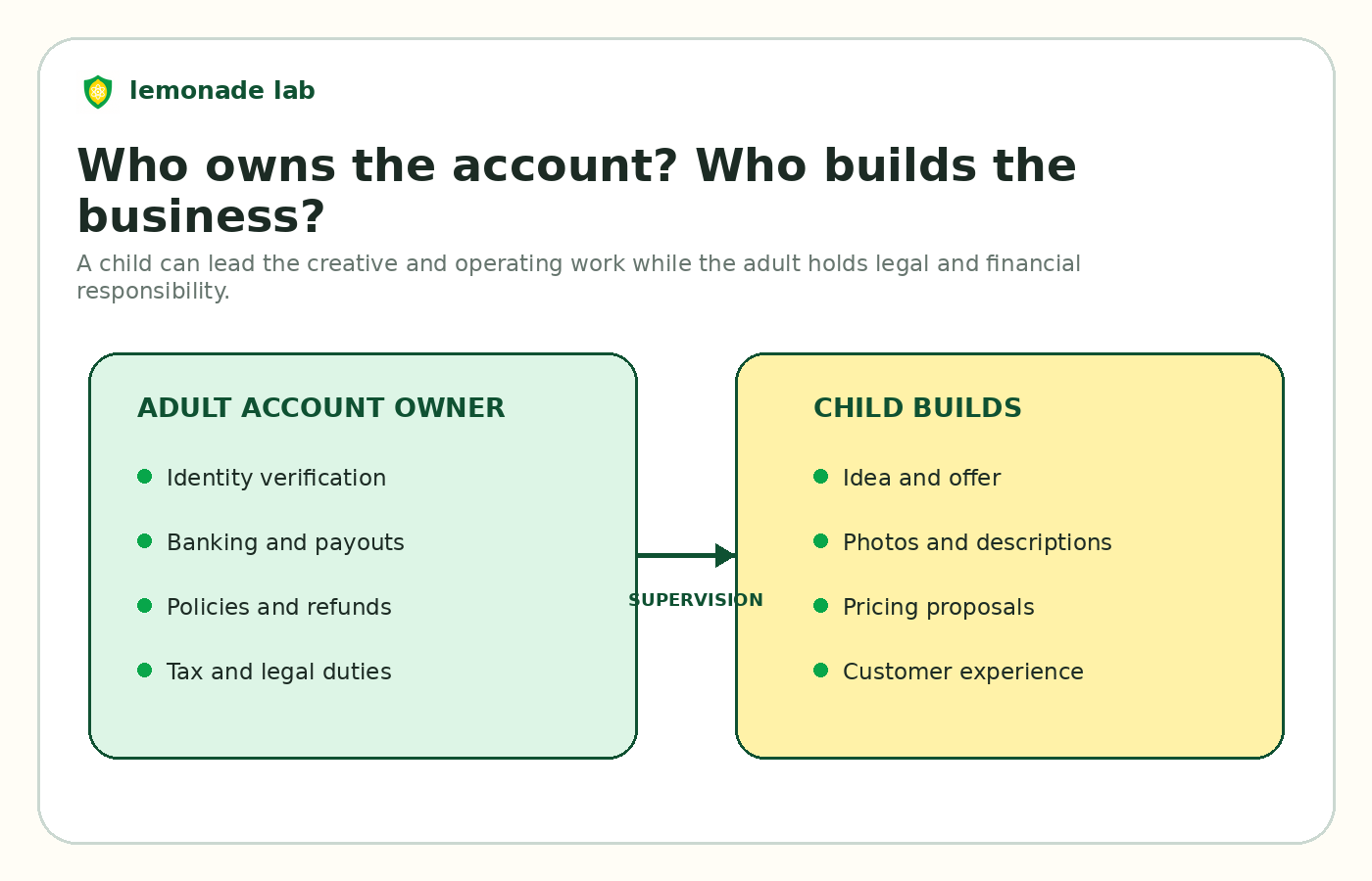 Diagram showing the difference between account ownership and who operates a child’s business