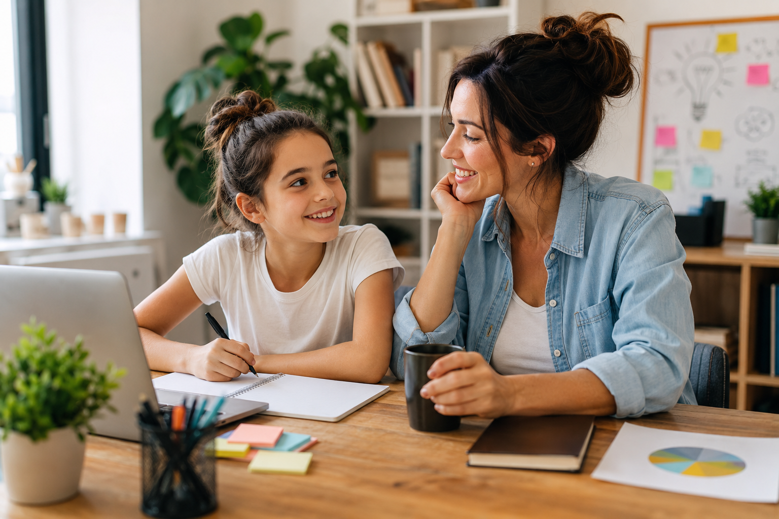 Young creator discussing how to turn a hobby into a small business with a supportive parent