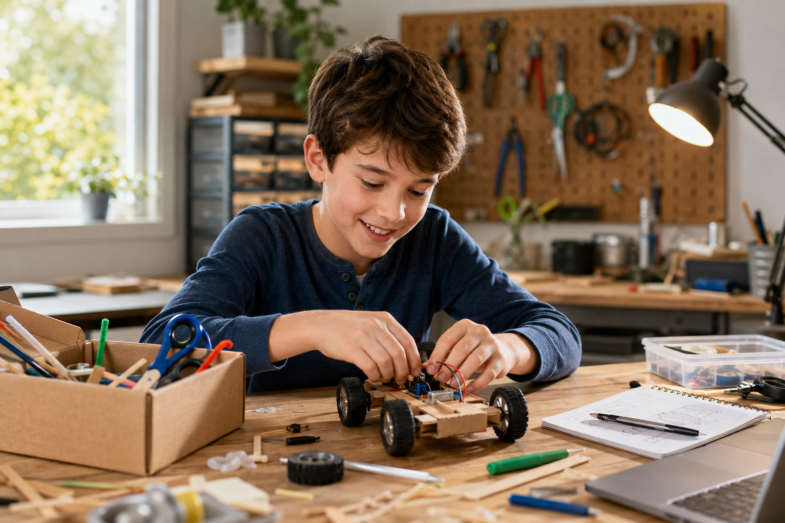 Preteen building a small wheeled project at a home workshop after school