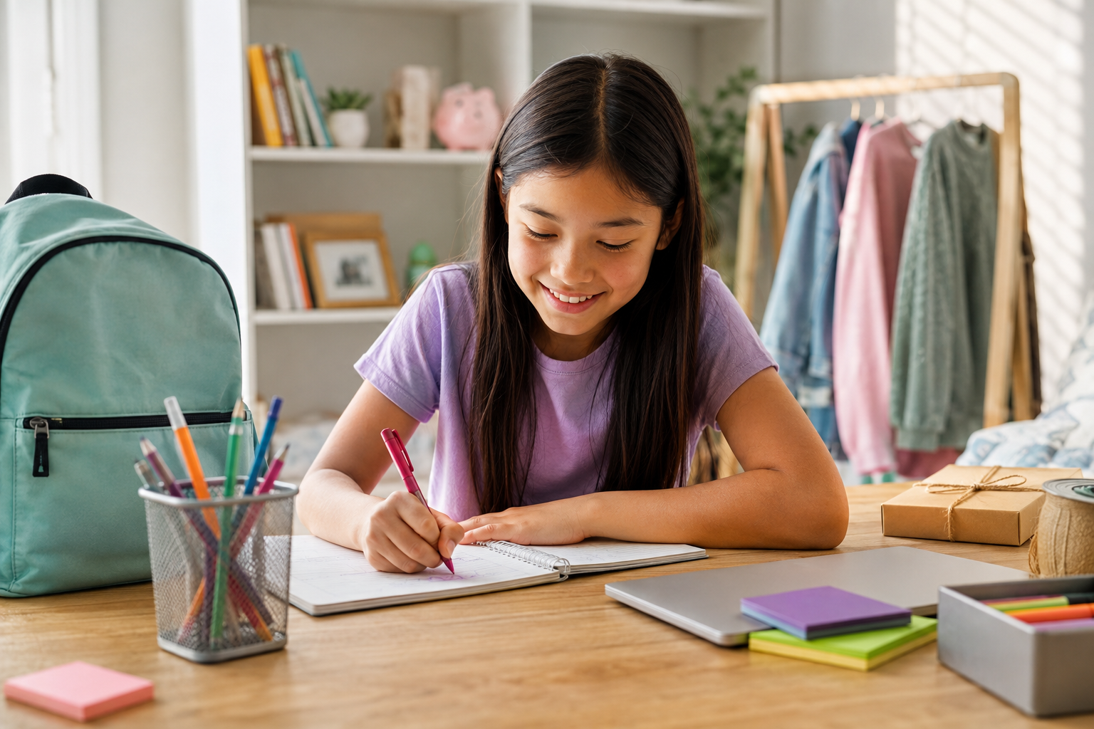 School-age girl working on an after-school business project with a backpack, craft supplies and laptop