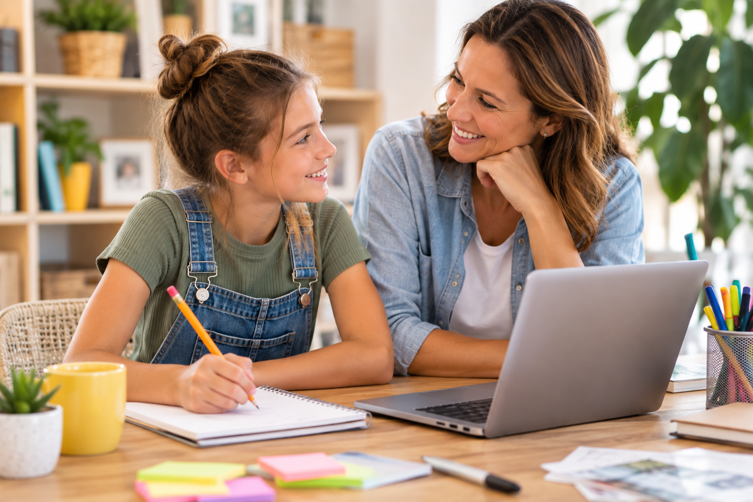 Parent encouraging a child as she develops a business idea at home with a laptop and notebook