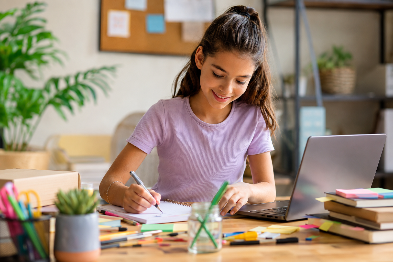 Young entrepreneur developing a small business idea with craft supplies and a laptop at home