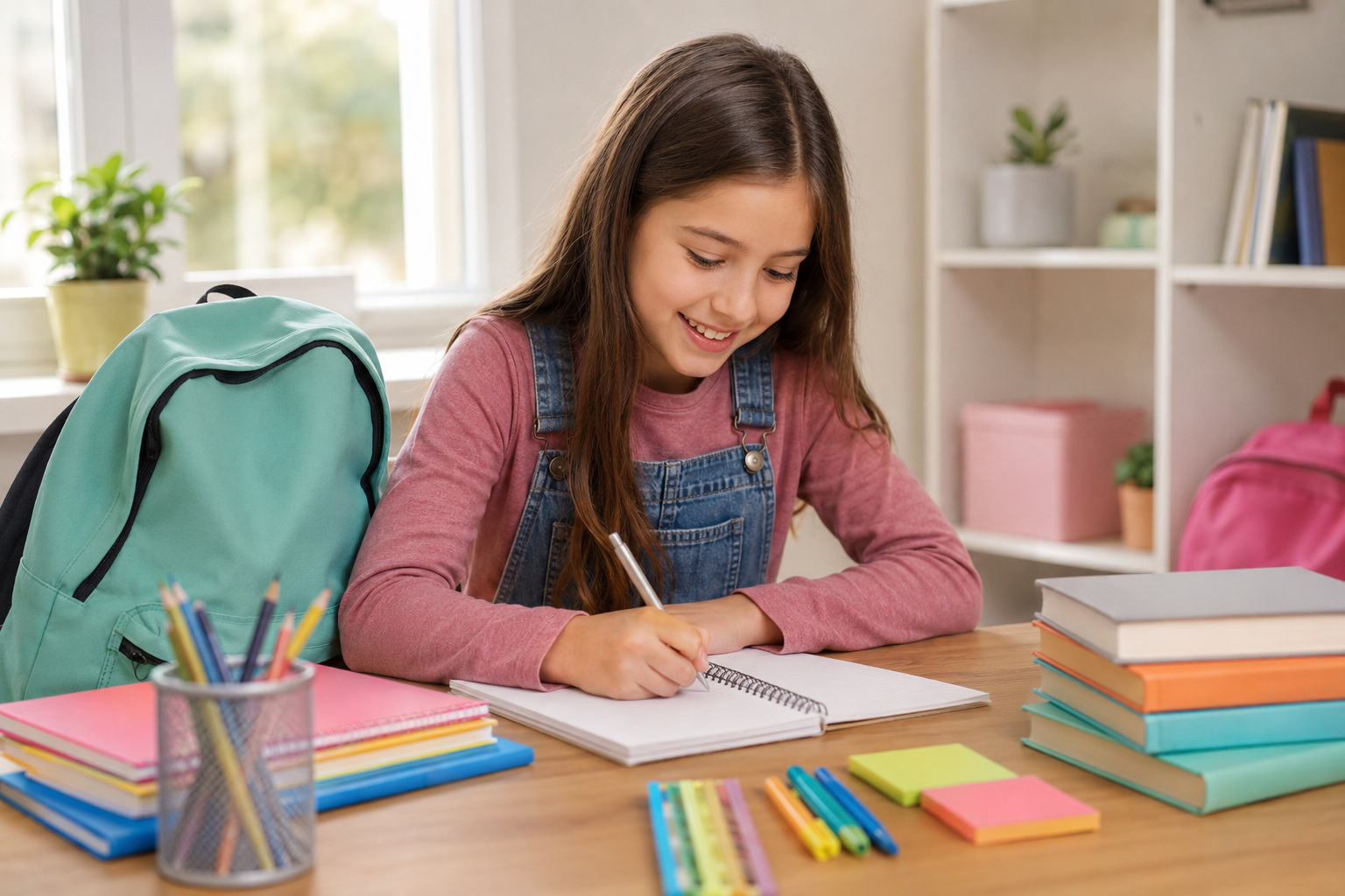 School-age girl preparing for a back-to-school business project with colorful notebooks, school supplies and a backpack