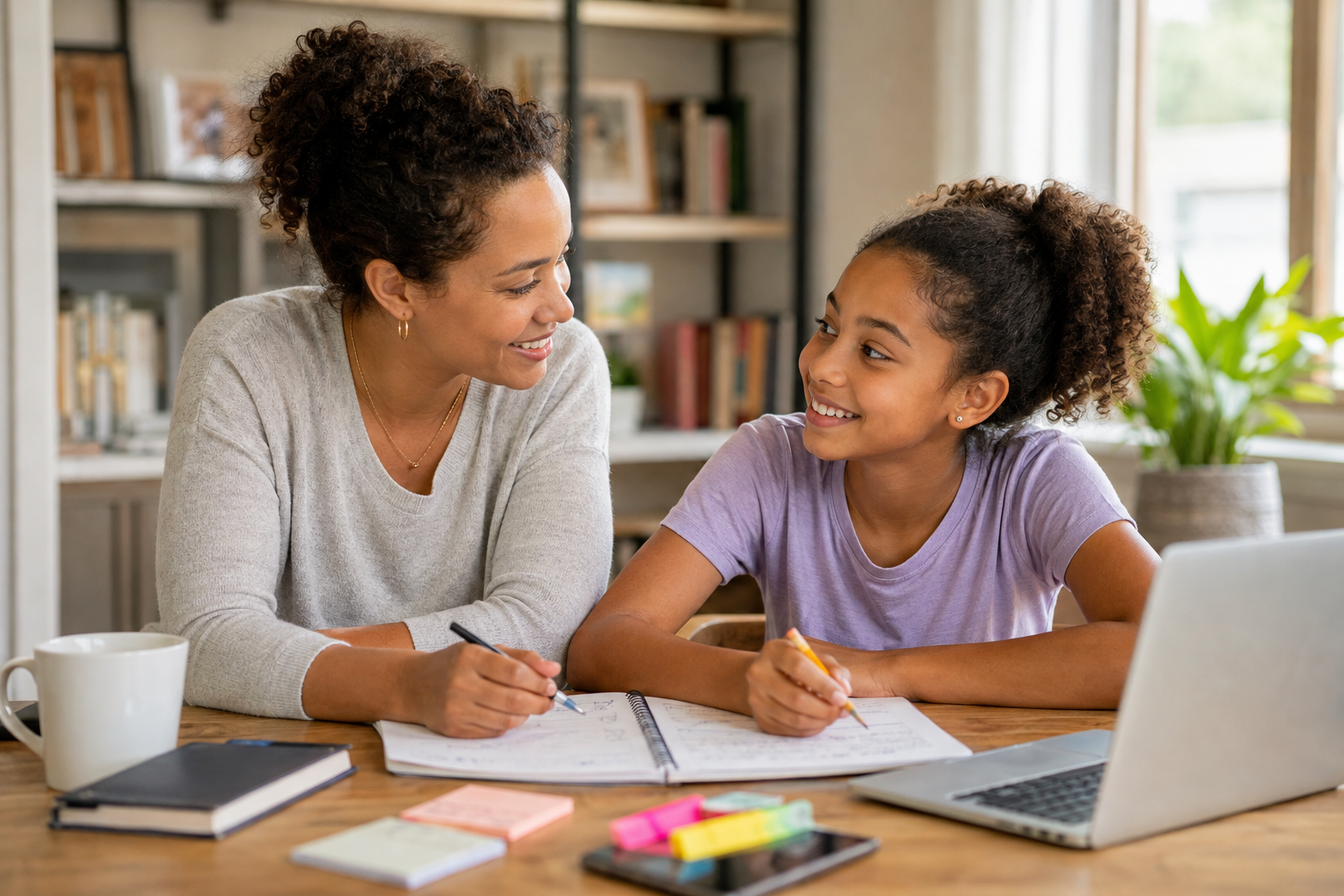 Educator coaching a middle school student through a hands-on entrepreneurship activity