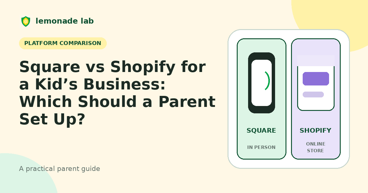 Split comparison of a Square card reader and a Shopify online store for a kid’s business
