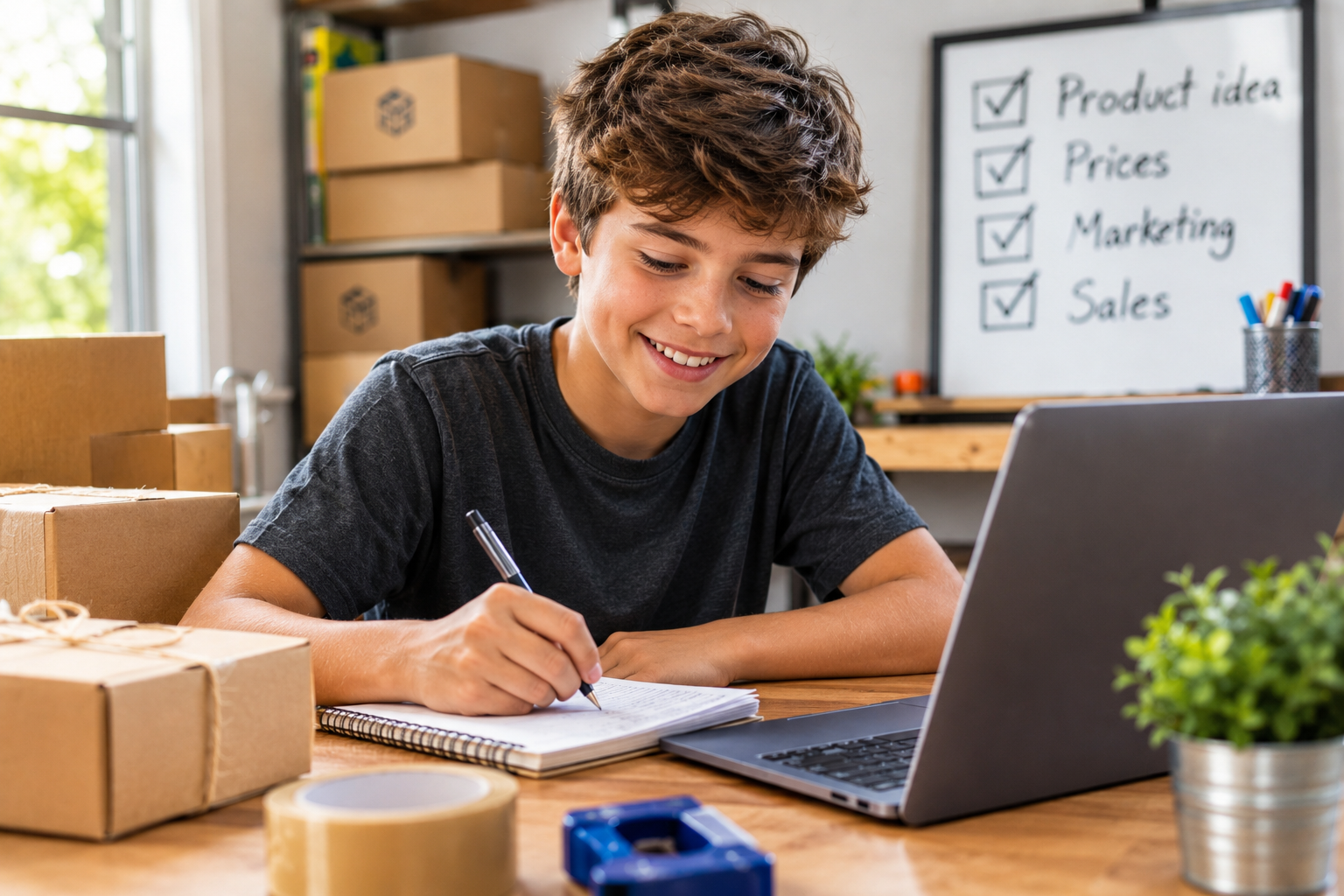 Young entrepreneur reviewing product costs and business numbers with a laptop and calculator