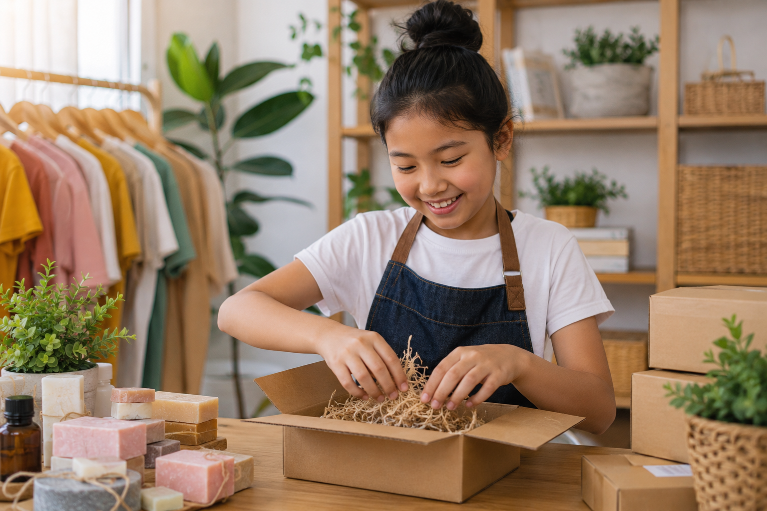 Young entrepreneur packaging handmade seasonal products in a warm home workspace