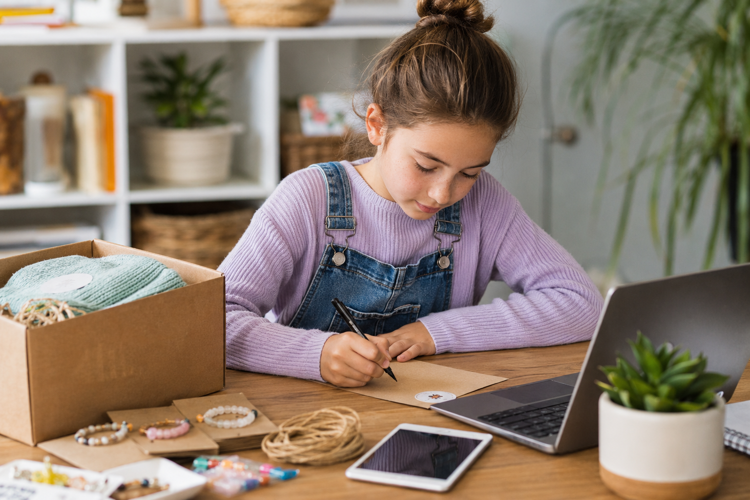 Young entrepreneur reviewing handmade products and business materials at a home workspace